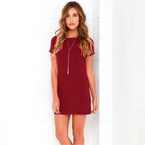 Lulu's Chic Burgundy Mini Shift Dress with Exposed Gold Tone Back Zipper